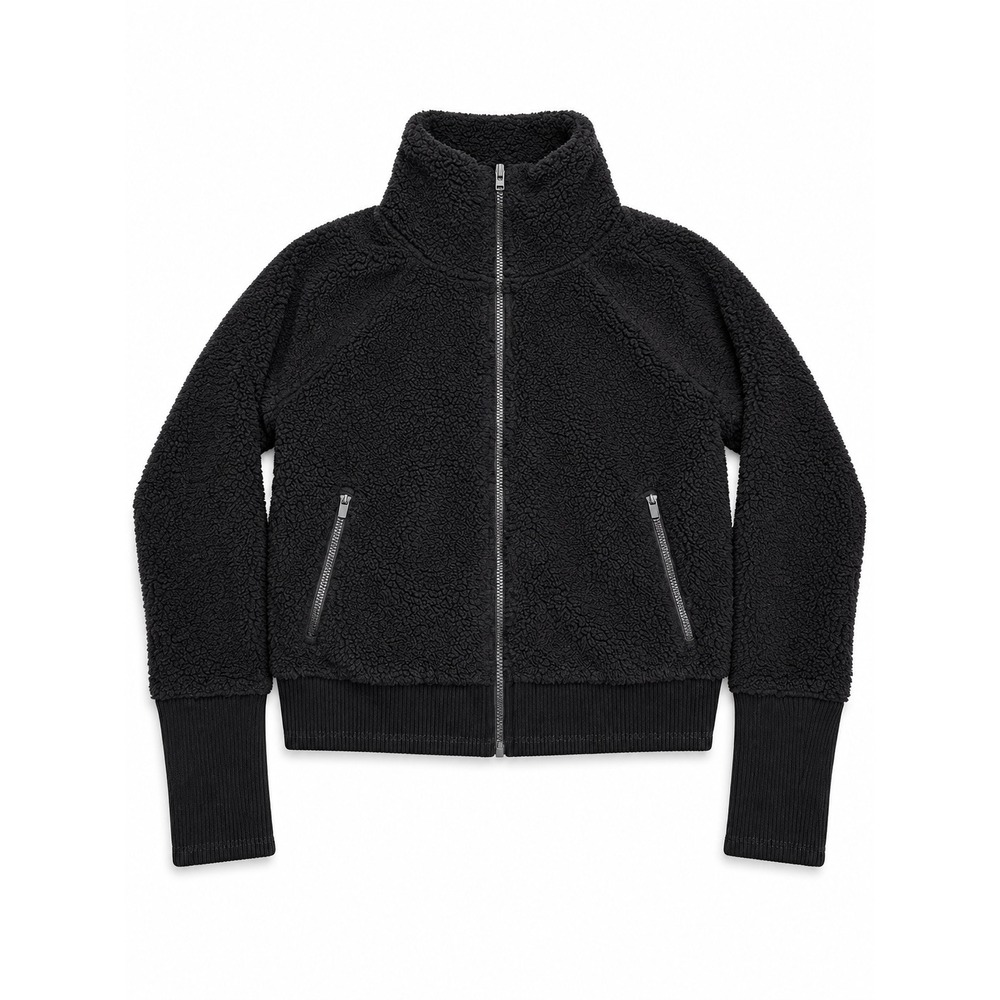 Athleta Womens Medium Black Sherpa Fleece Full Zip Jacket Cropped Ribbed Cuffs